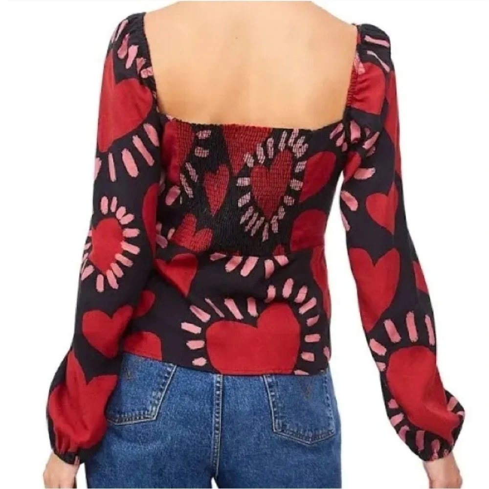 Farm Rio Long Sleeve Hearts Blouse Buttons Red Cropped Square‎ Neck Sz M NWT